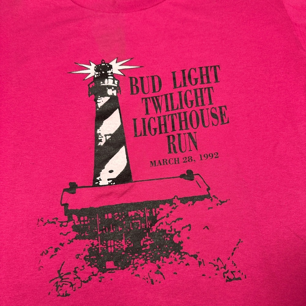 Vintage 1992 Bud Light Twilight Lighthouse Run T Shirt Pink - Picture 2 of 7